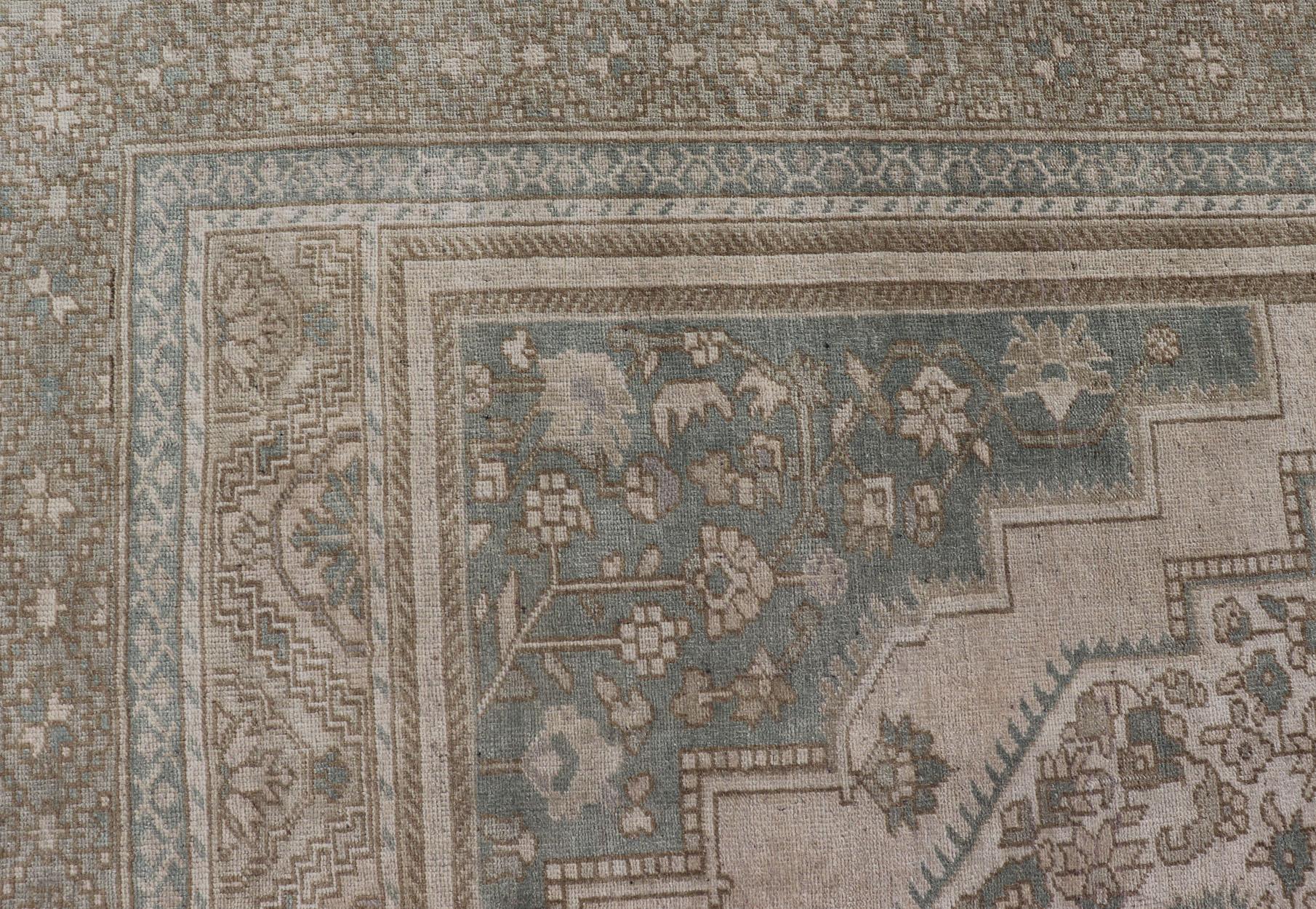 Turkish Oushak Vintage Medallion Rug in Light Blue-Green, Tan, Taupe, and Cream In Good Condition For Sale In Atlanta, GA