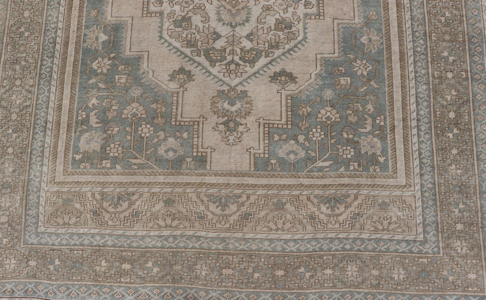 20th Century Turkish Oushak Vintage Medallion Rug in Light Blue-Green, Tan, Taupe, and Cream For Sale