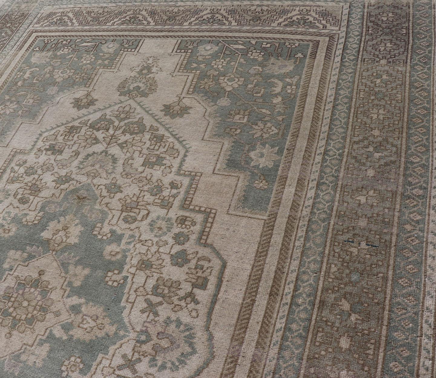 Wool Turkish Oushak Vintage Medallion Rug in Light Blue-Green, Tan, Taupe, and Cream For Sale