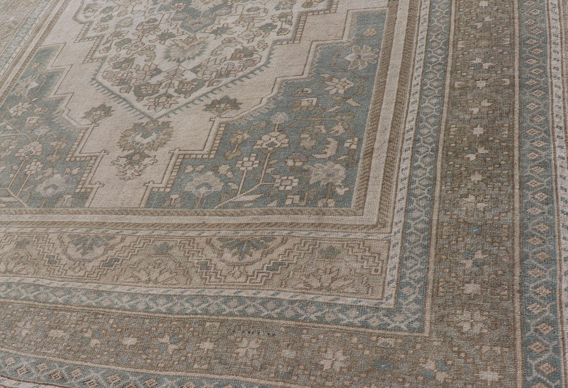 Turkish Oushak Vintage Medallion Rug in Light Blue-Green, Tan, Taupe, and Cream For Sale 1