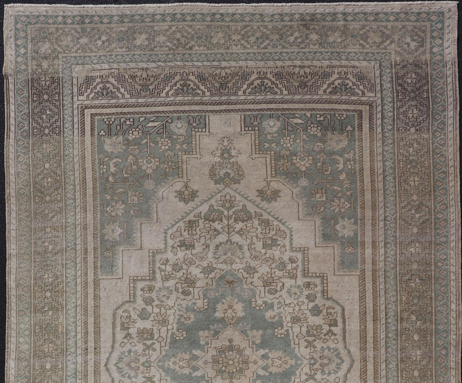 Turkish Oushak Vintage Medallion Rug in Light Blue-Green, Tan, Taupe, and Cream For Sale 2