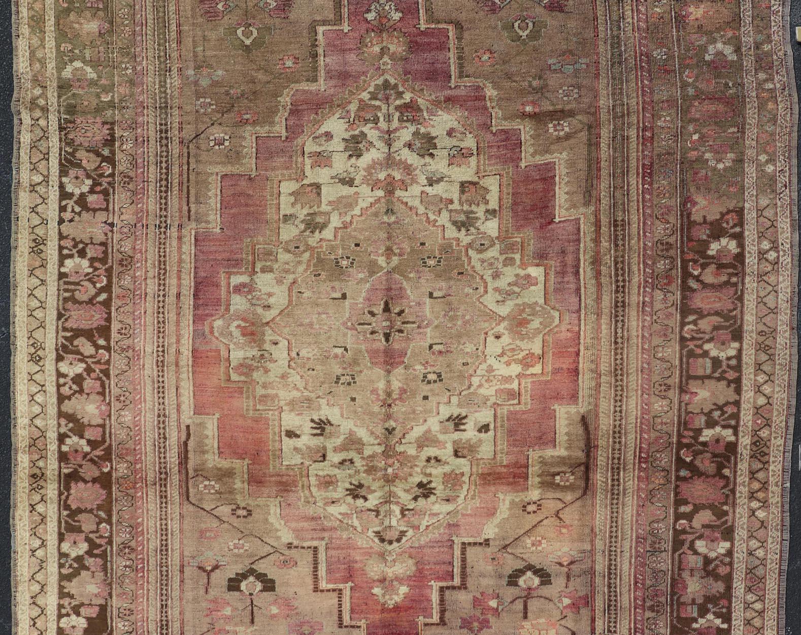 Hand-Knotted Turkish Oushak Vintage Rug in Brown, Camel and Light Purple Tones For Sale