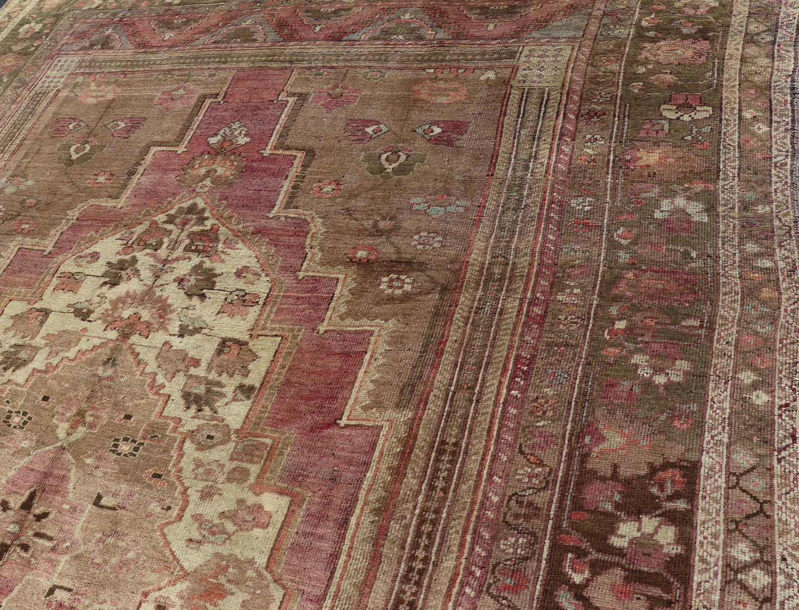 20th Century Turkish Oushak Vintage Rug in Brown, Camel and Light Purple Tones For Sale
