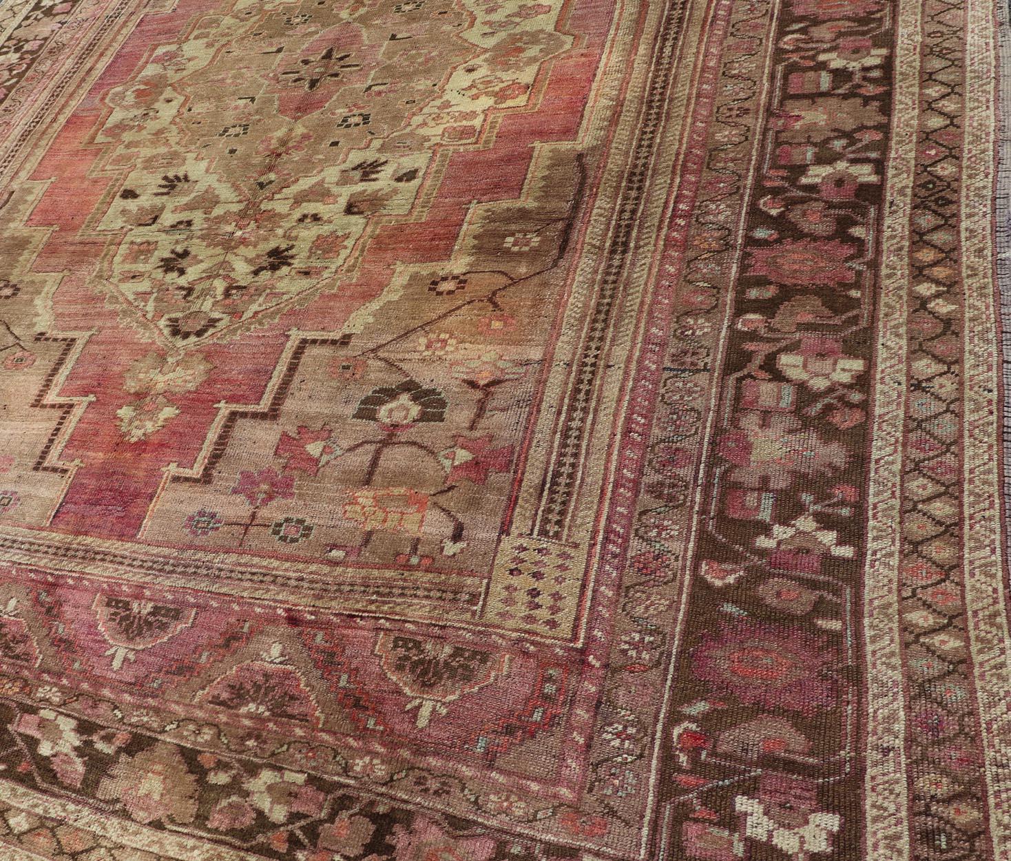 Wool Turkish Oushak Vintage Rug in Brown, Camel and Light Purple Tones For Sale