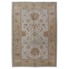 Turkish Oushak Vintage Rug in Cream, Yellow, Blue and Orange
