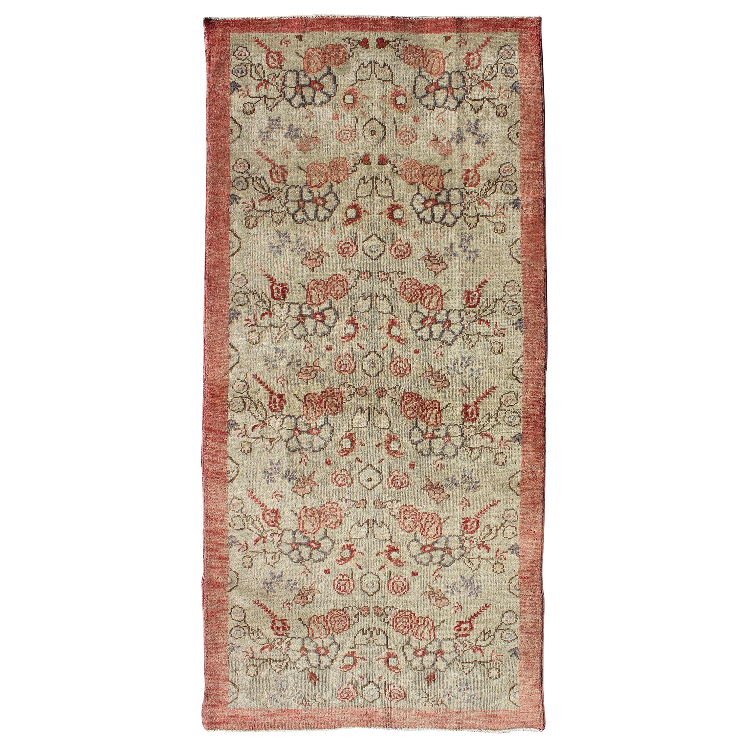 Turkish Oushak Vintage Rug with All-Over Floral Design in Cream and Salmon Pink