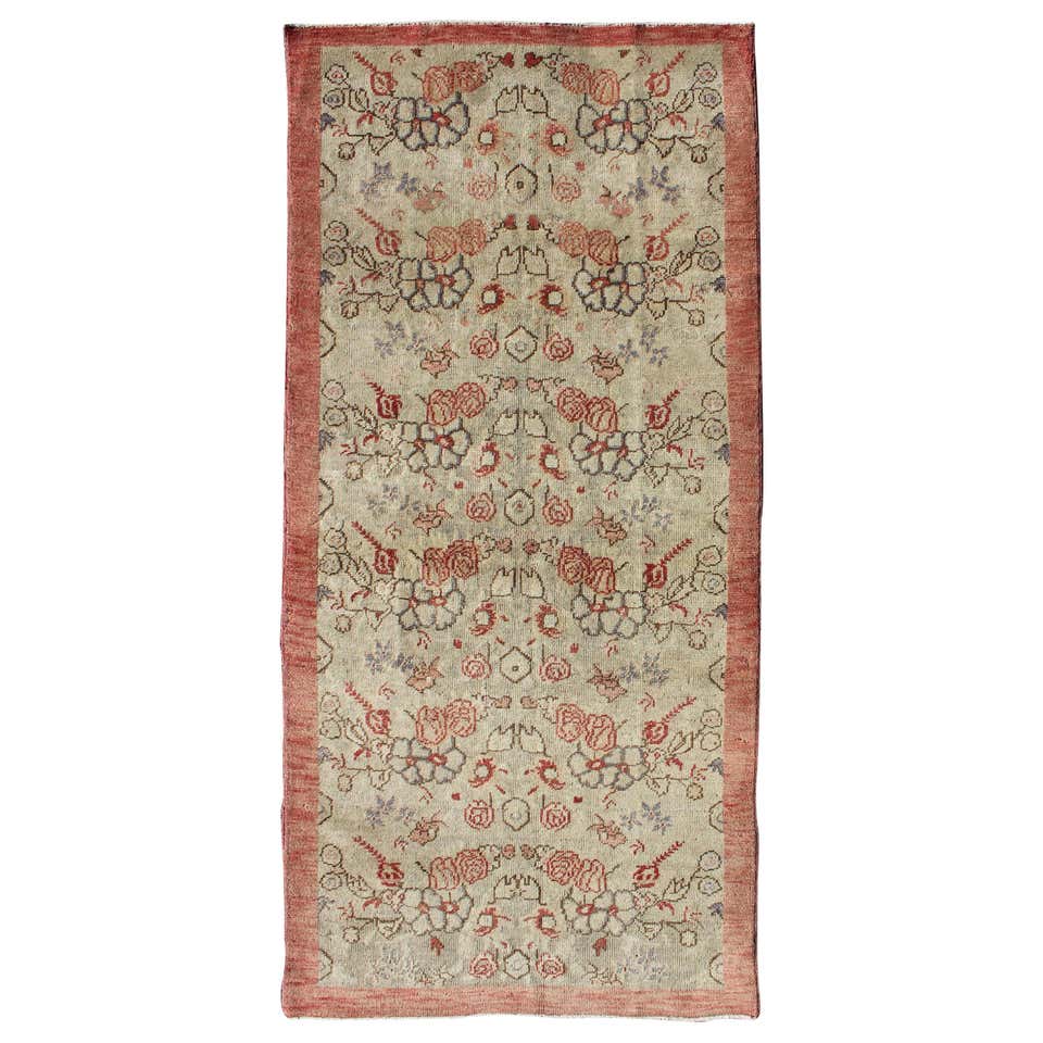 Turkish Oushak Vintage Rug with All-Over Floral Design in Cream and ...