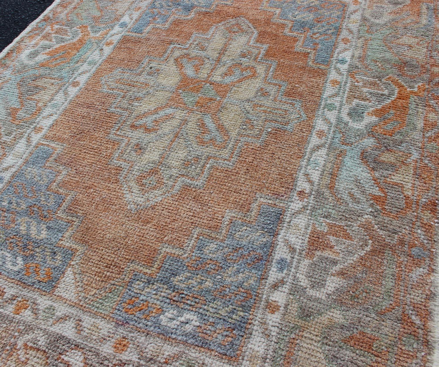 Turkish Oushak Vintage Small Carpet in Light Orange and light Blue & L.Green In Good Condition For Sale In Atlanta, GA