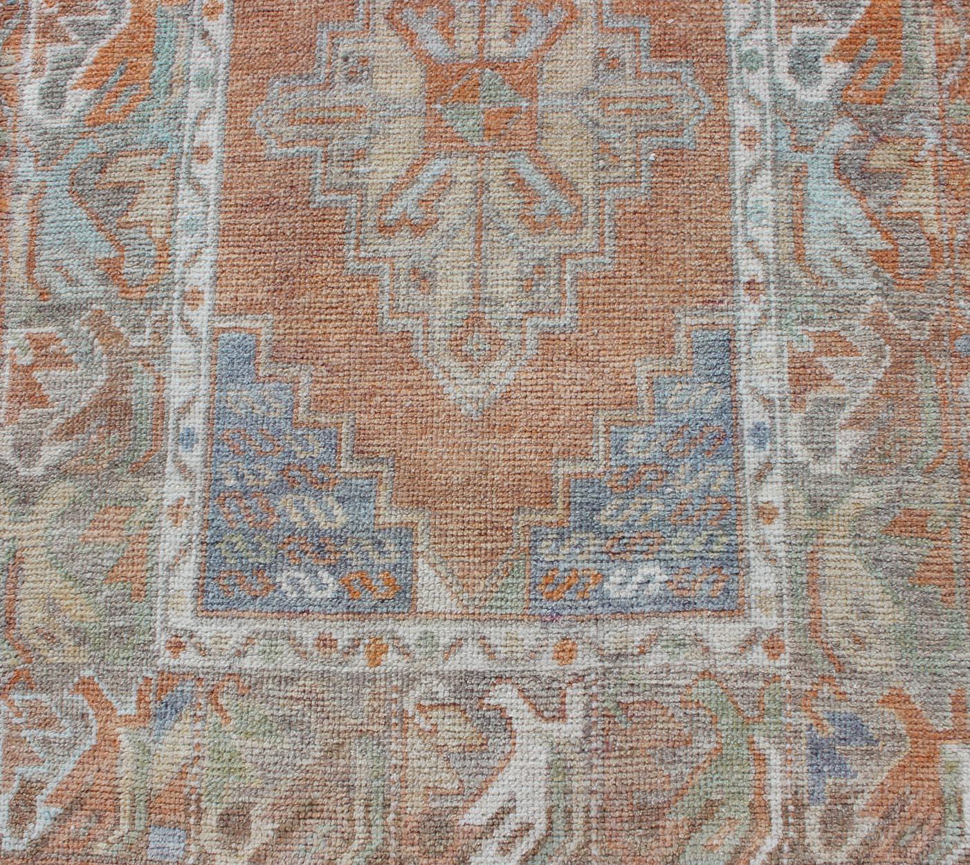 20th Century Turkish Oushak Vintage Small Carpet in Light Orange and light Blue & L.Green For Sale