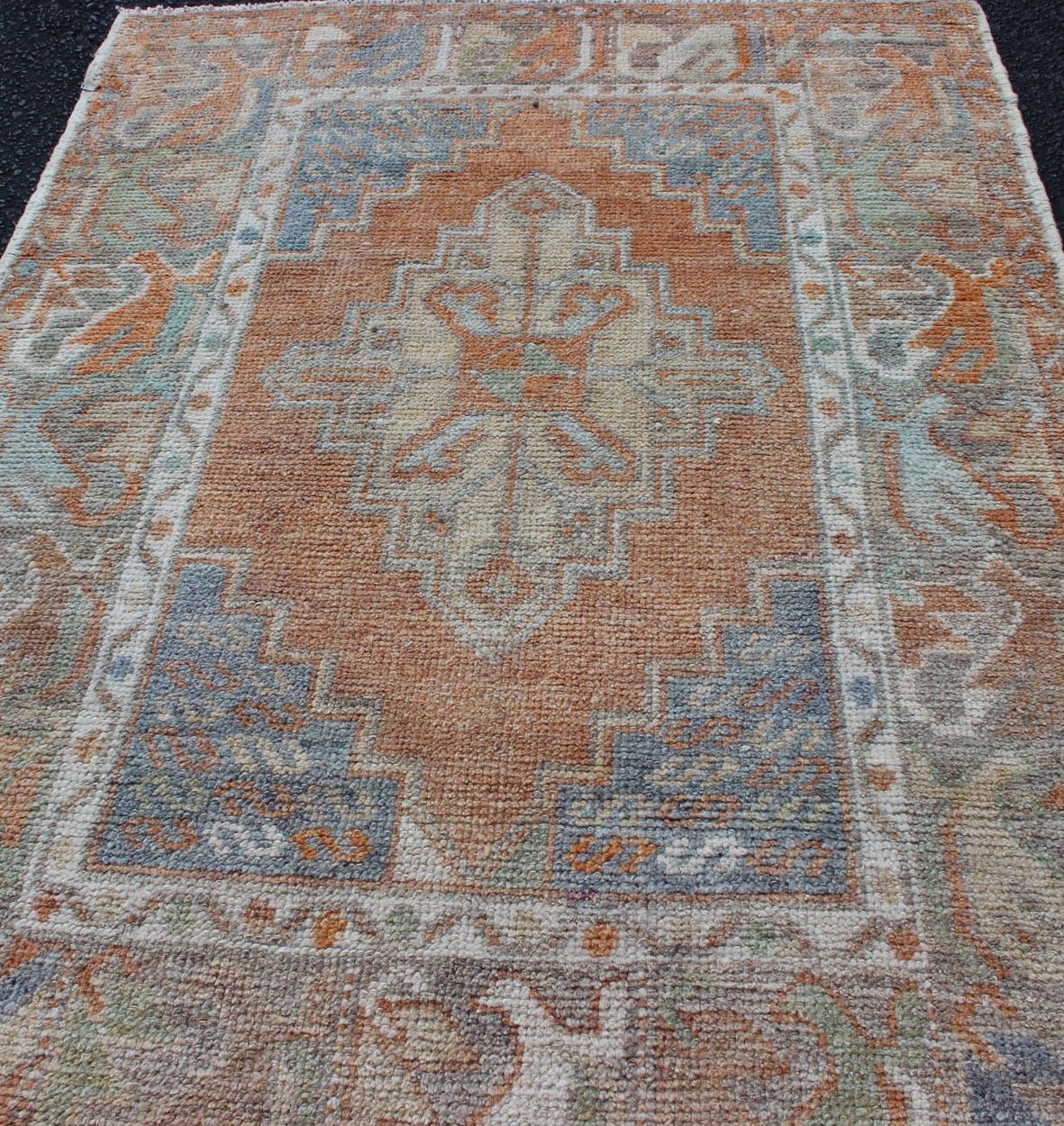 Wool Turkish Oushak Vintage Small Carpet in Light Orange and light Blue & L.Green For Sale