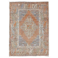 Turkish Oushak Vintage Small Carpet in Light Orange and light Blue & L.Green