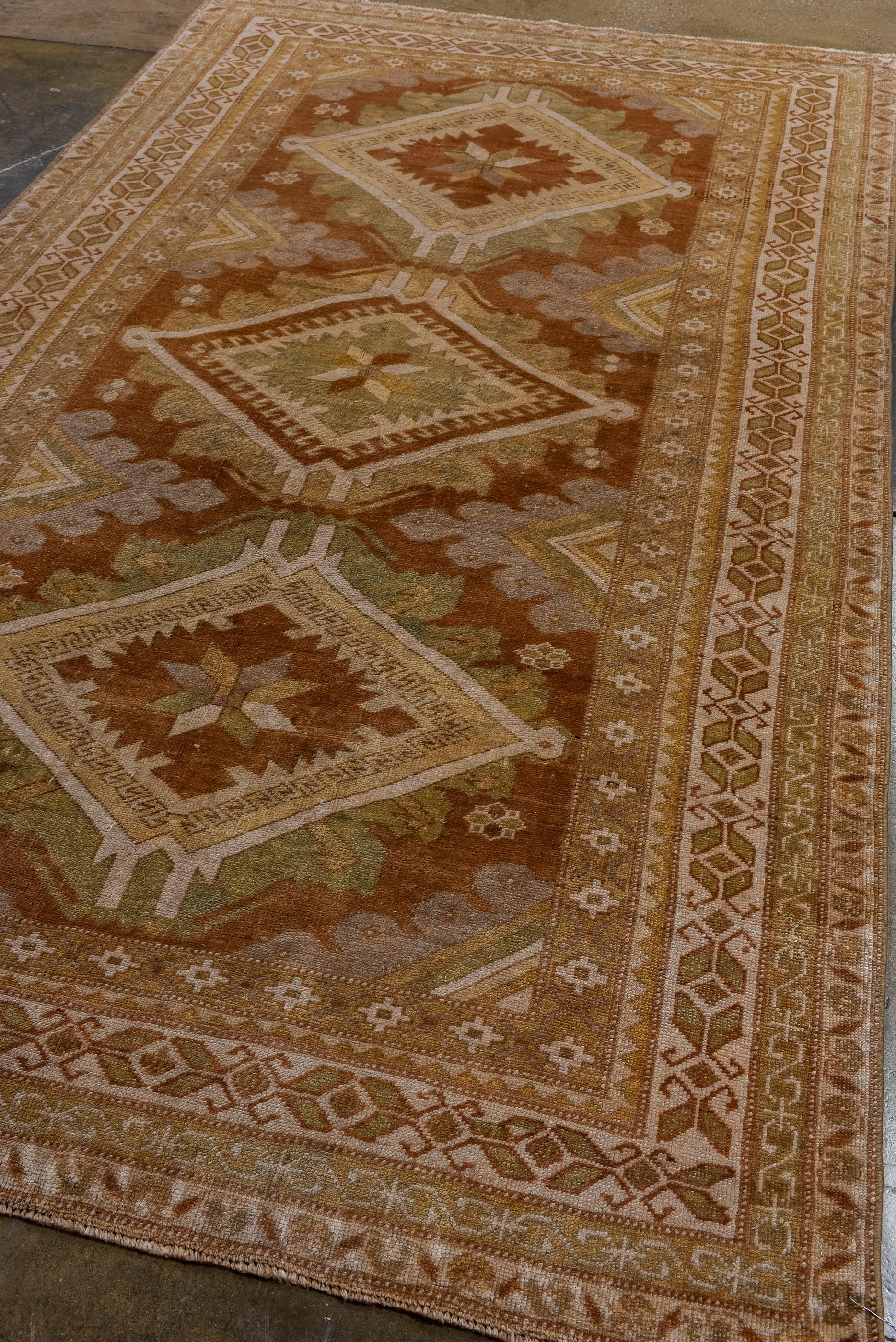 Hand-Knotted Turkish Oushak with Three Floating Medallions and Ecru Border  For Sale