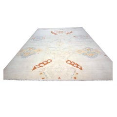 Turkish Oushak Wool 10X14 Ivory, Orange & Slate Blue Handmade Area Rug
