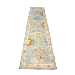 Turkish Oushak Wool 2X10 Gold, Light Blue & Ivory Handmade Runner Rug
