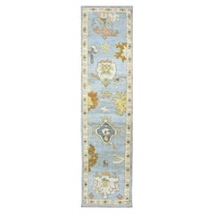 Turkish Oushak Wool 2X10 Gold, Light Blue & Ivory Handmade Runner Rug