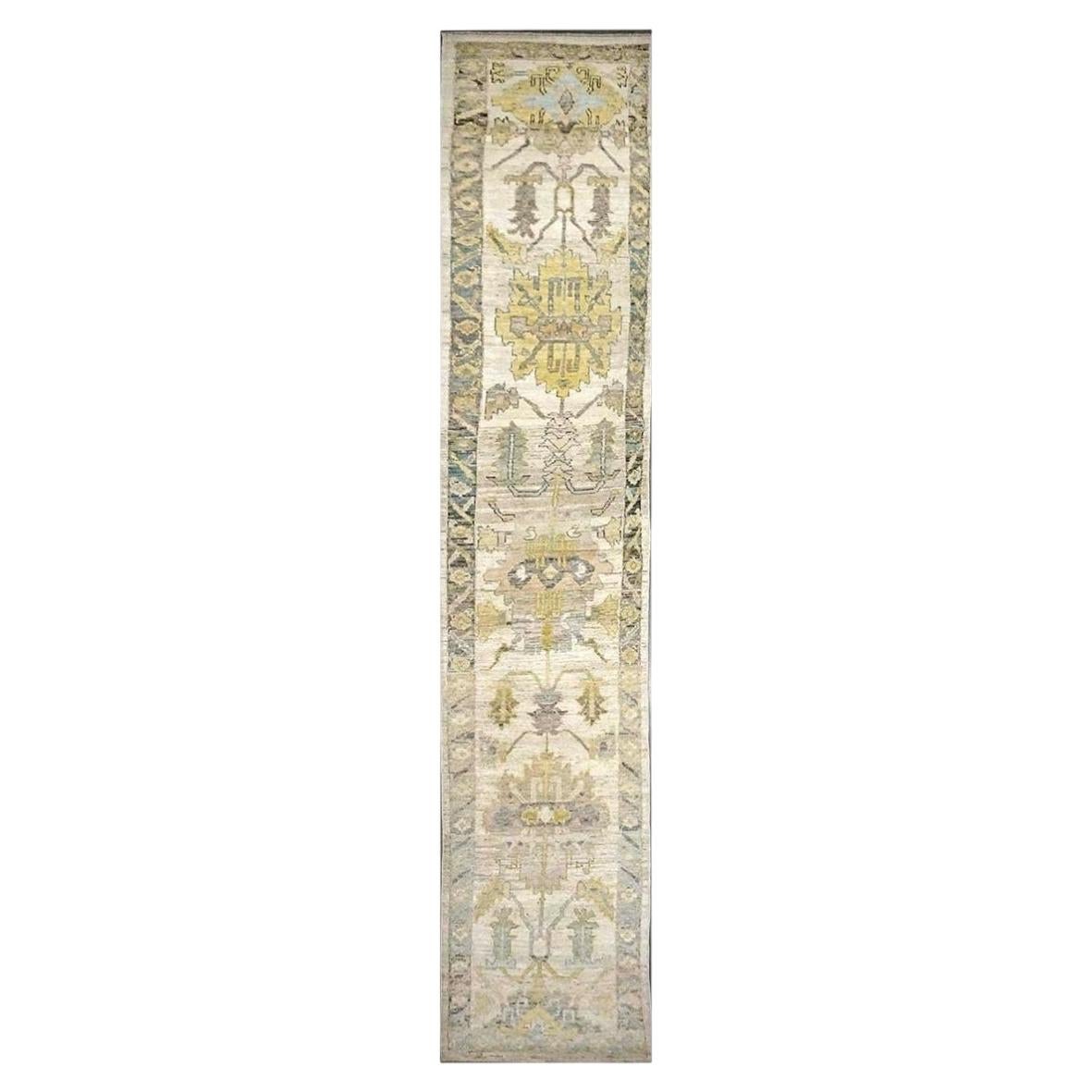 Turkish Oushak Wool 3X19 Gold, Ivory & Charcoal Handmade Runner Rug