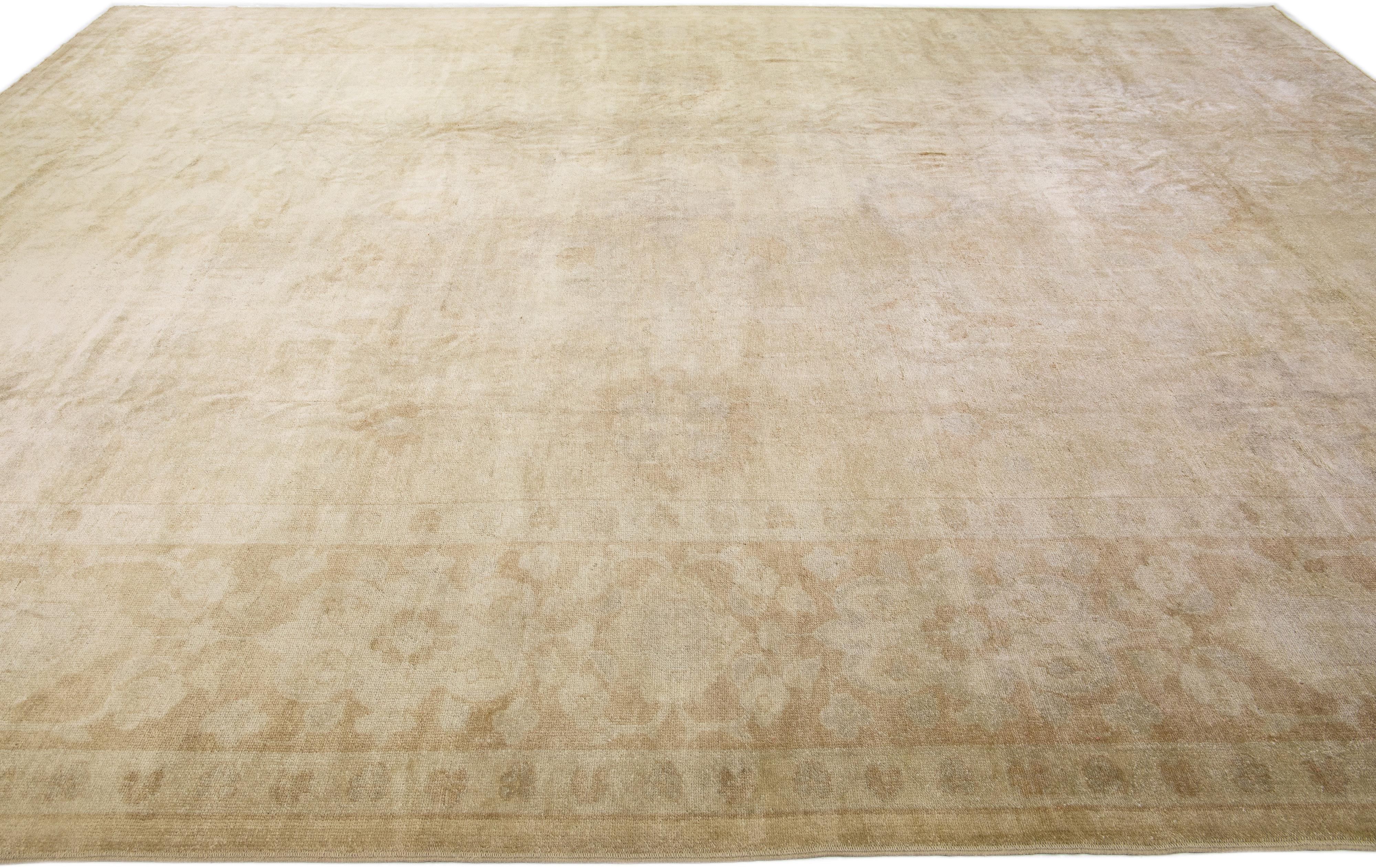 Contemporary Turkish Oushak Wool Rug Handmade with Floral Design in Beige For Sale