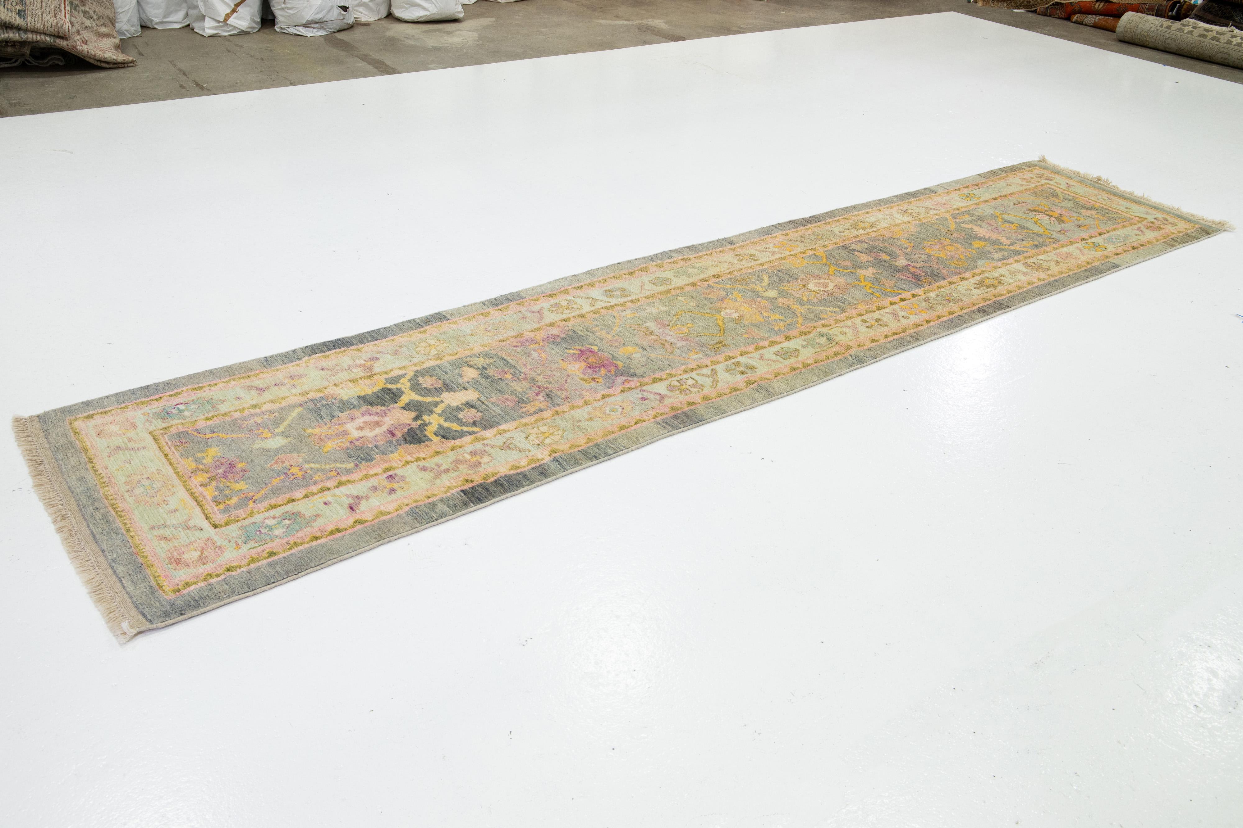 Contemporary Turkish Oushak Wool Runner Handmade In Gray With Floral Motif For Sale