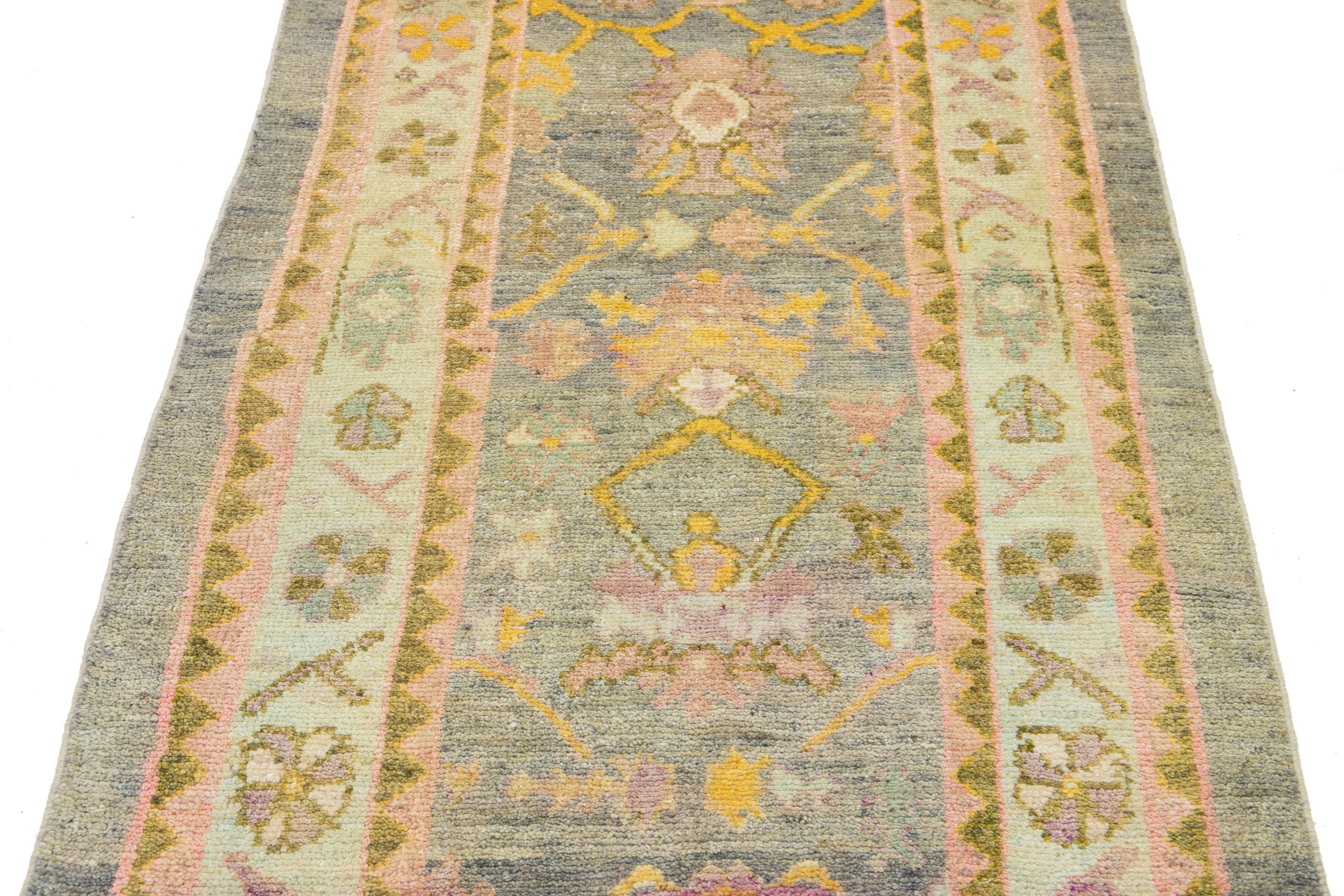 Turkish Oushak Wool Runner Handmade In Gray With Floral Motif For Sale 3