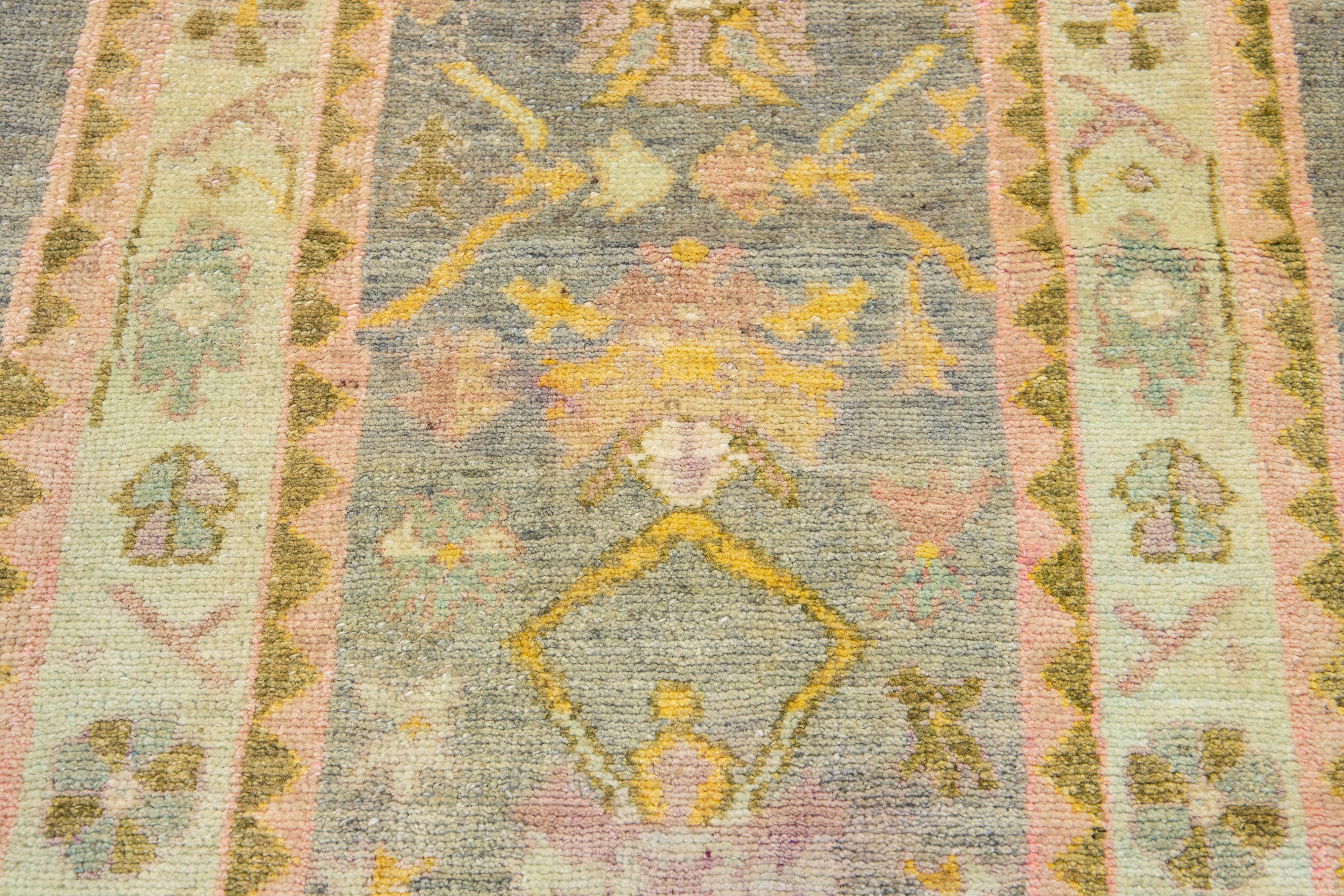 Turkish Oushak Wool Runner Handmade In Gray With Floral Motif For Sale 4