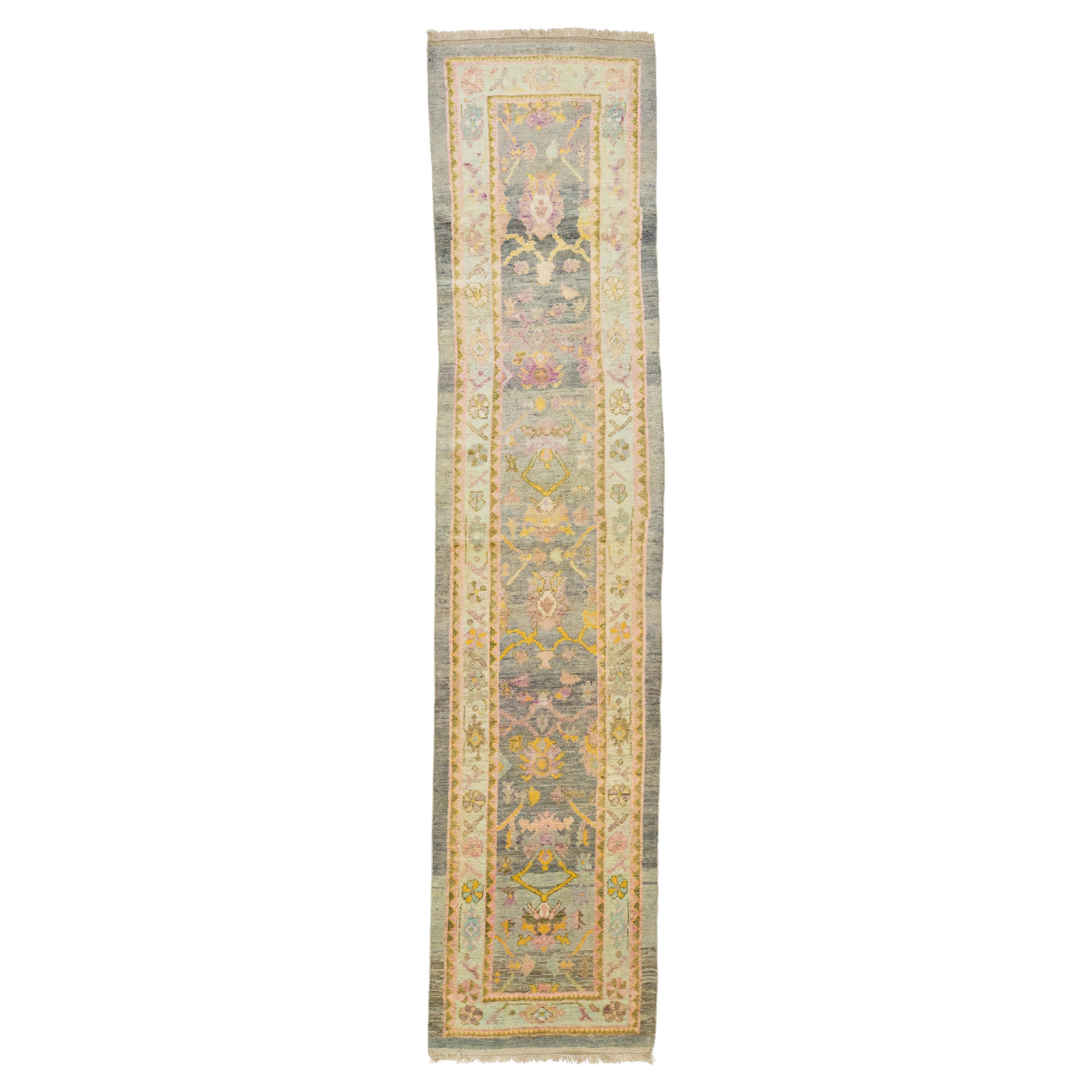 Turkish Oushak Wool Runner Handmade In Gray With Floral Motif For Sale