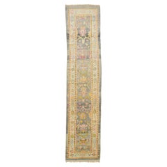 Turkish Oushak Wool Runner Handmade In Gray With Floral Motif