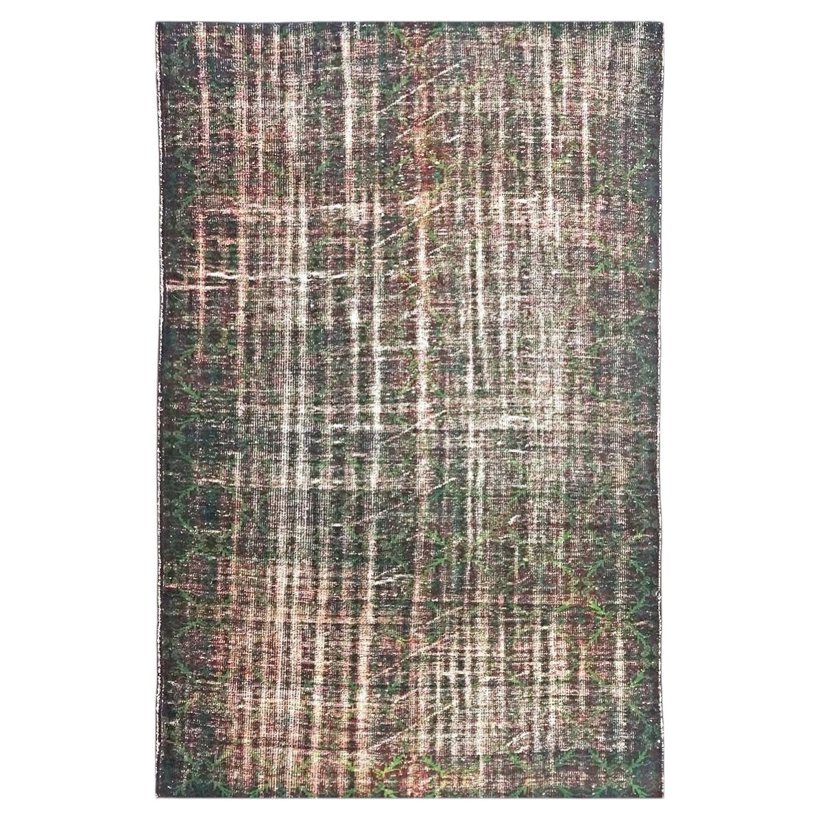 Turkish Overdye Distressed Wool 6x9 Emerald Green & Ivory Handmade Area Rug For Sale