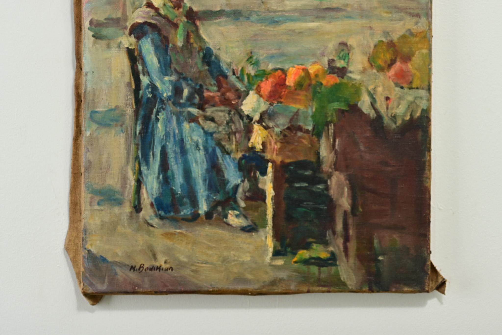 Turkish Painting of a Lady at the Market In Good Condition In Baton Rouge, LA