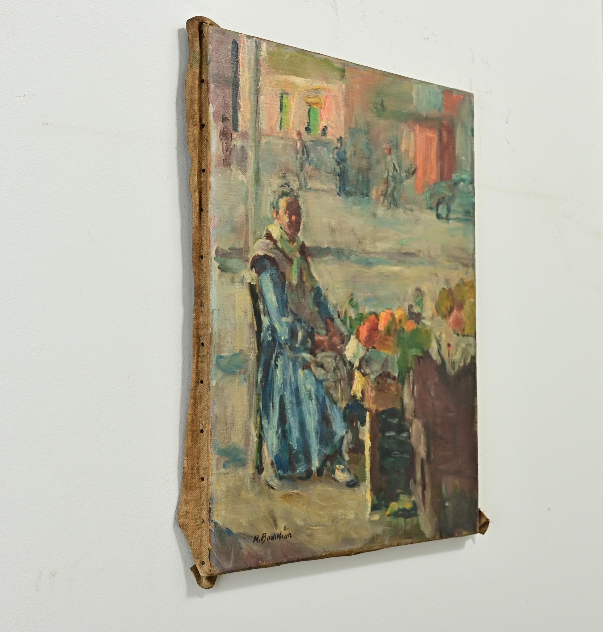 20th Century Turkish Painting of a Lady at the Market