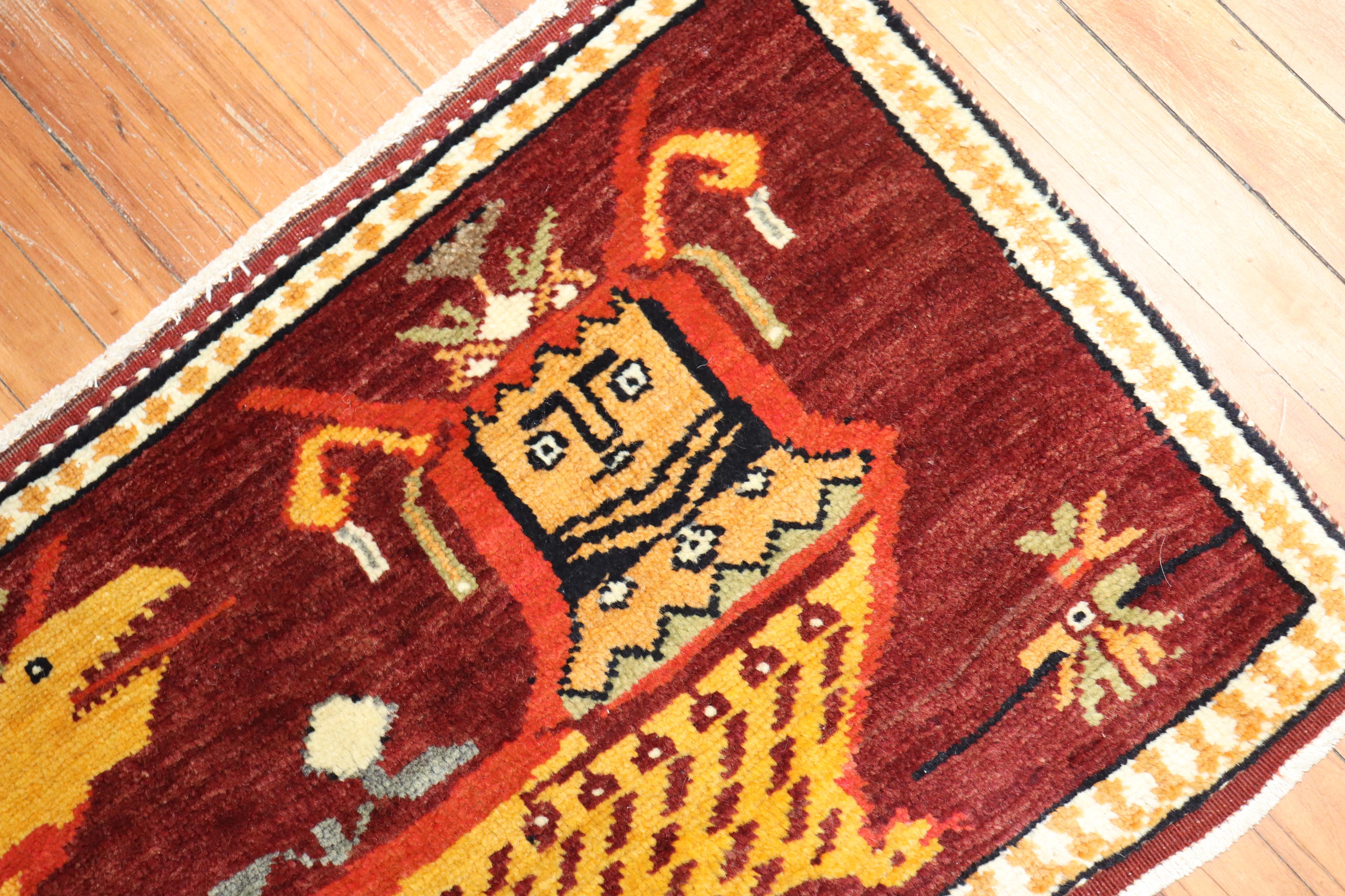 Hand-Knotted Turkish Pictorial Vintage Throw Rug For Sale
