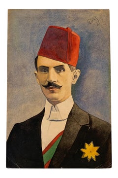 Turkish Portrait of Suited Man With Fez Watercolor Painting, Early 20th Century