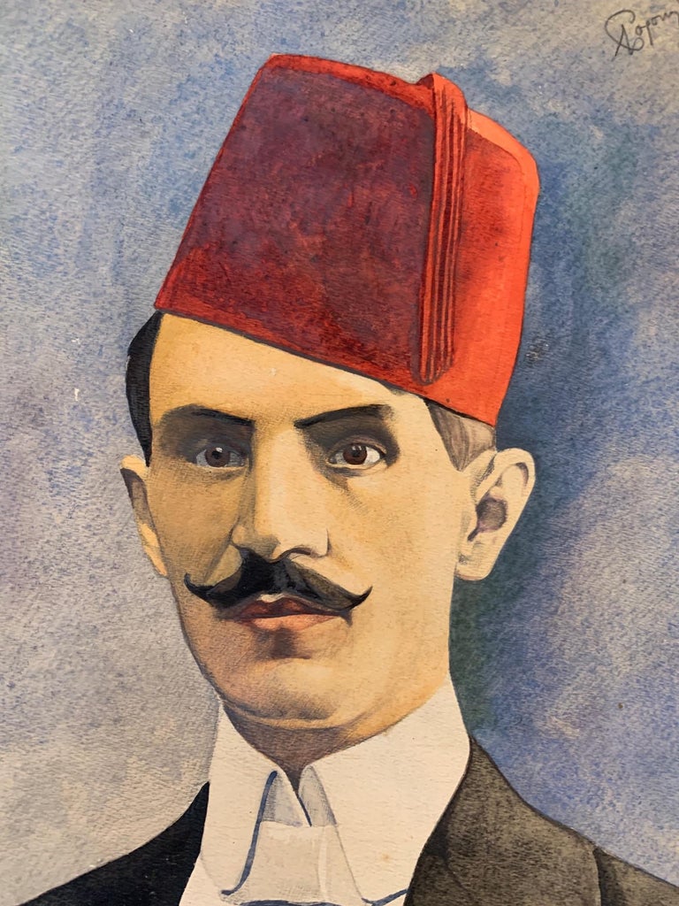 Turkish Portrait of Suited Man With Fez Watercolor Painting Early 20th