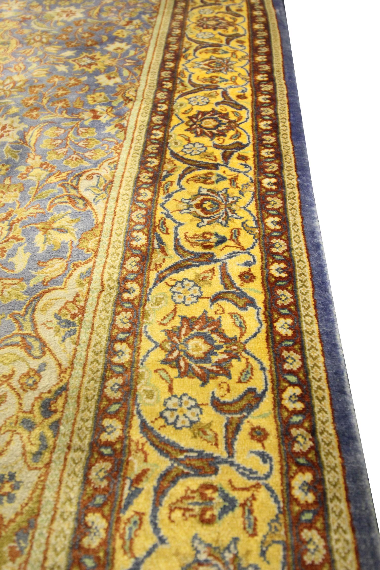 Turkish Pure Silk Rug, Handwoven Oriental Indigo Blue Carpet Rug For Sale 3