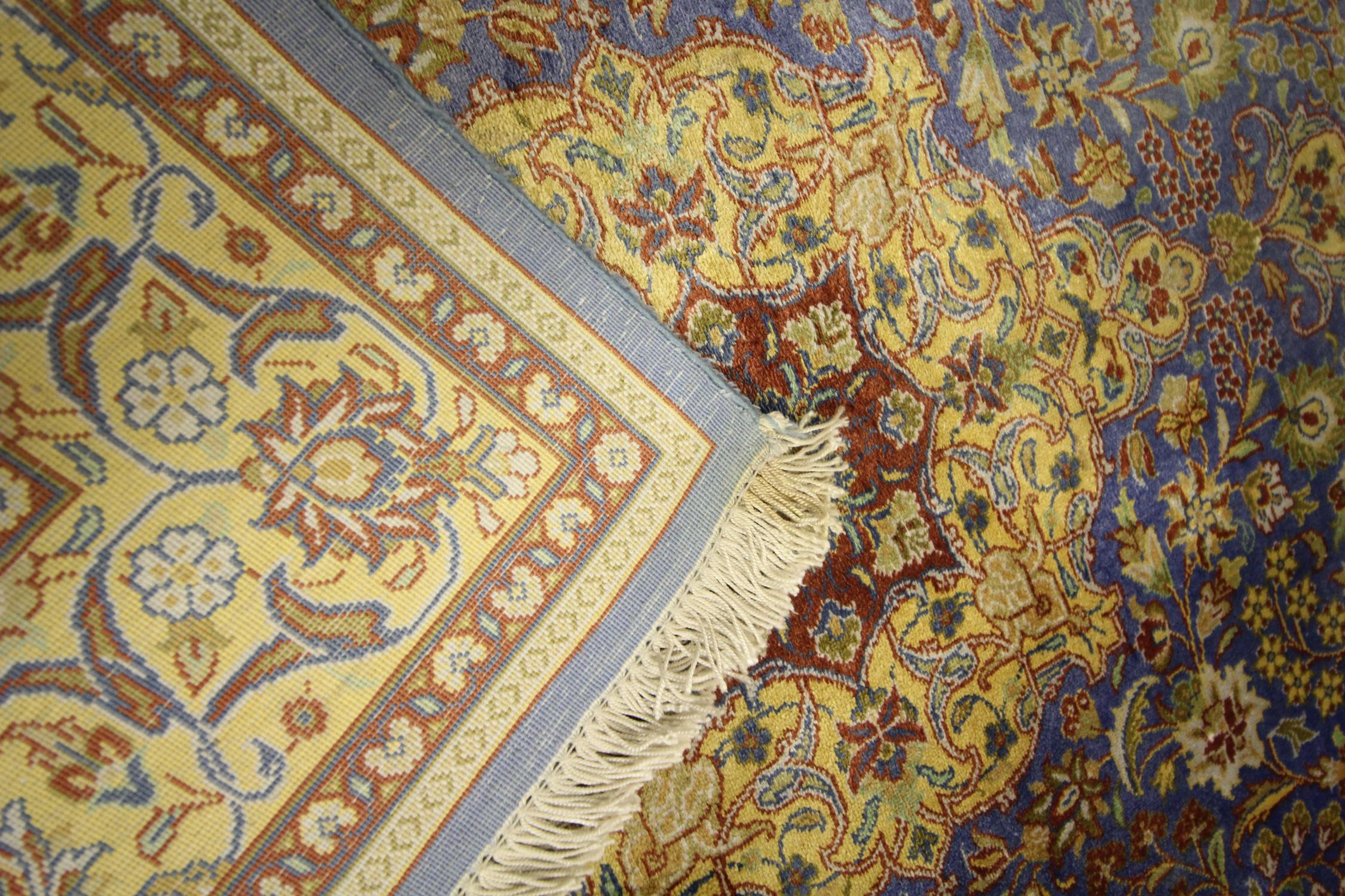 Turkish Pure Silk Rug, Handwoven Oriental Indigo Blue Carpet Rug For Sale 4