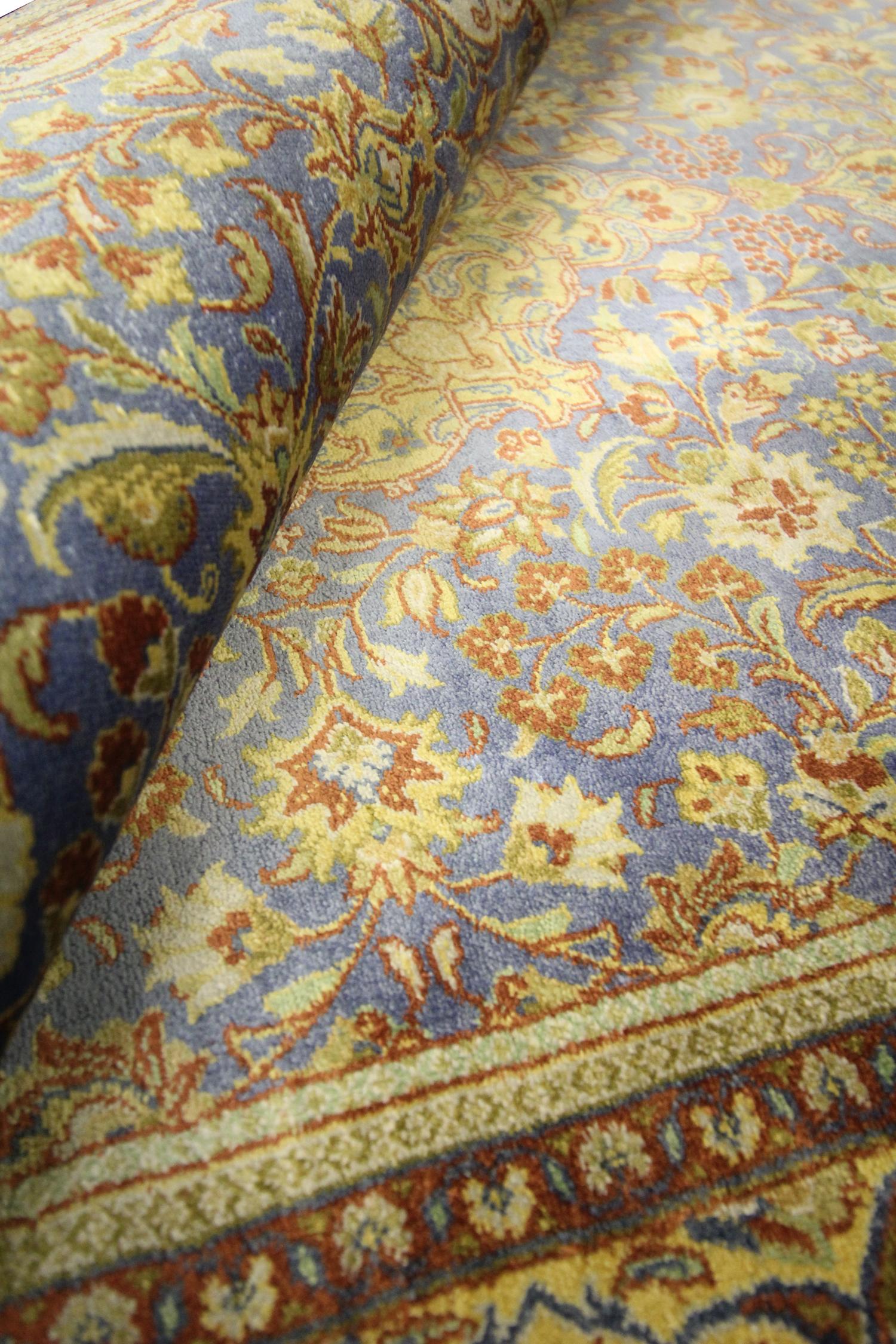 Turkish Pure Silk Rug, Handwoven Oriental Indigo Blue Carpet Rug For Sale 5