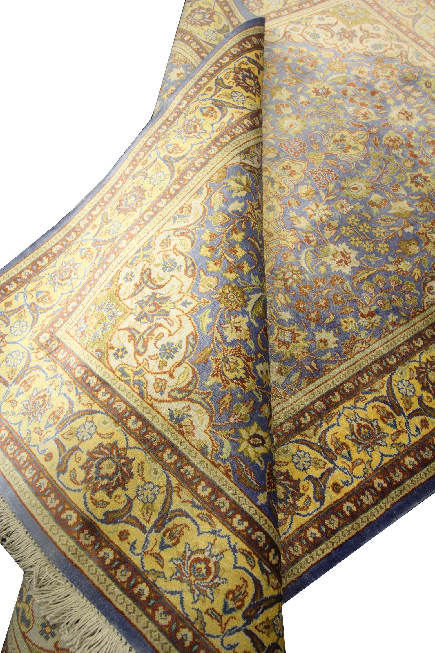 Turkish Pure Silk Rug, Handwoven Oriental Indigo Blue Carpet Rug For Sale 6