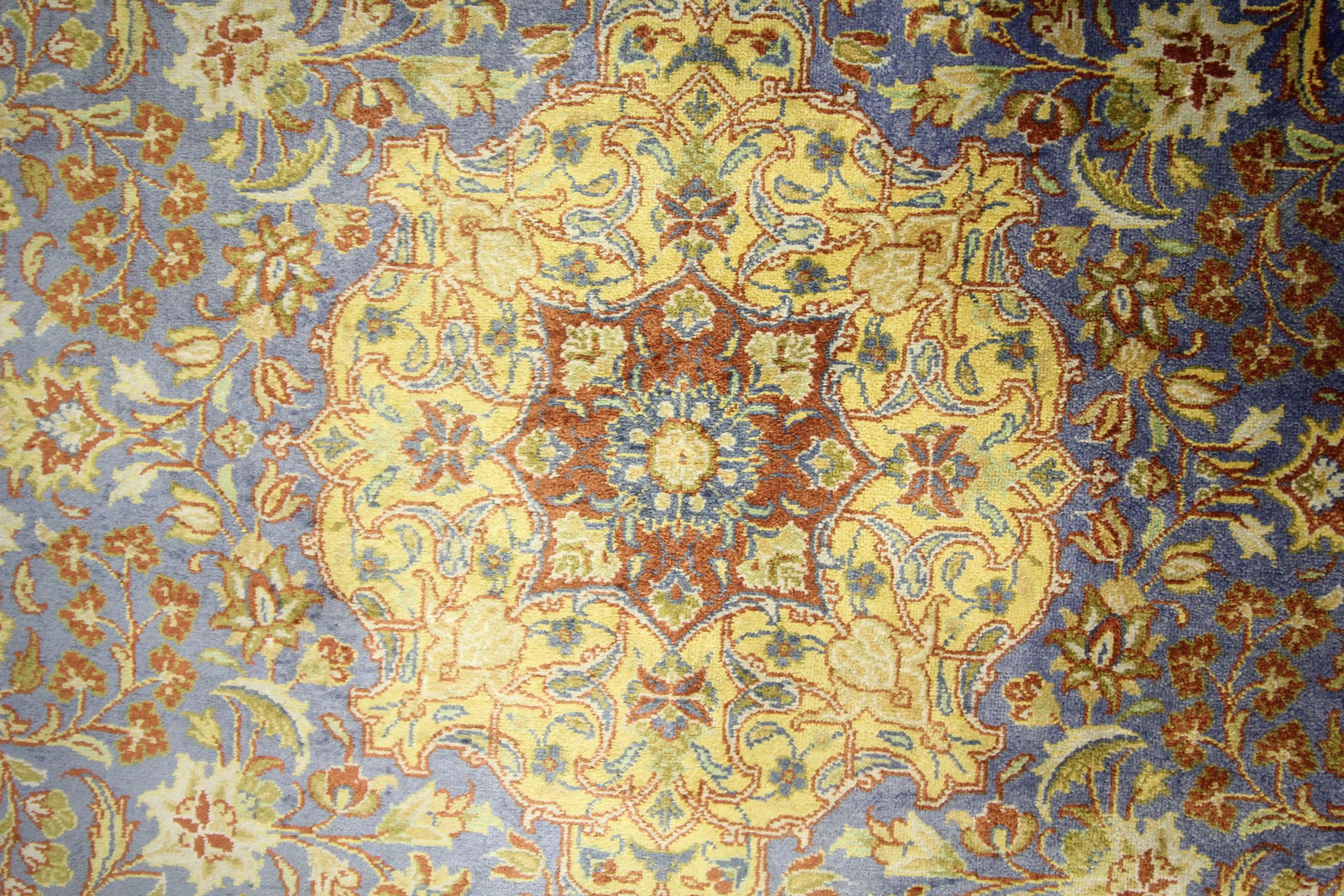 Mid-Century Modern Turkish Pure Silk Rug, Handwoven Oriental Indigo Blue Carpet Rug For Sale