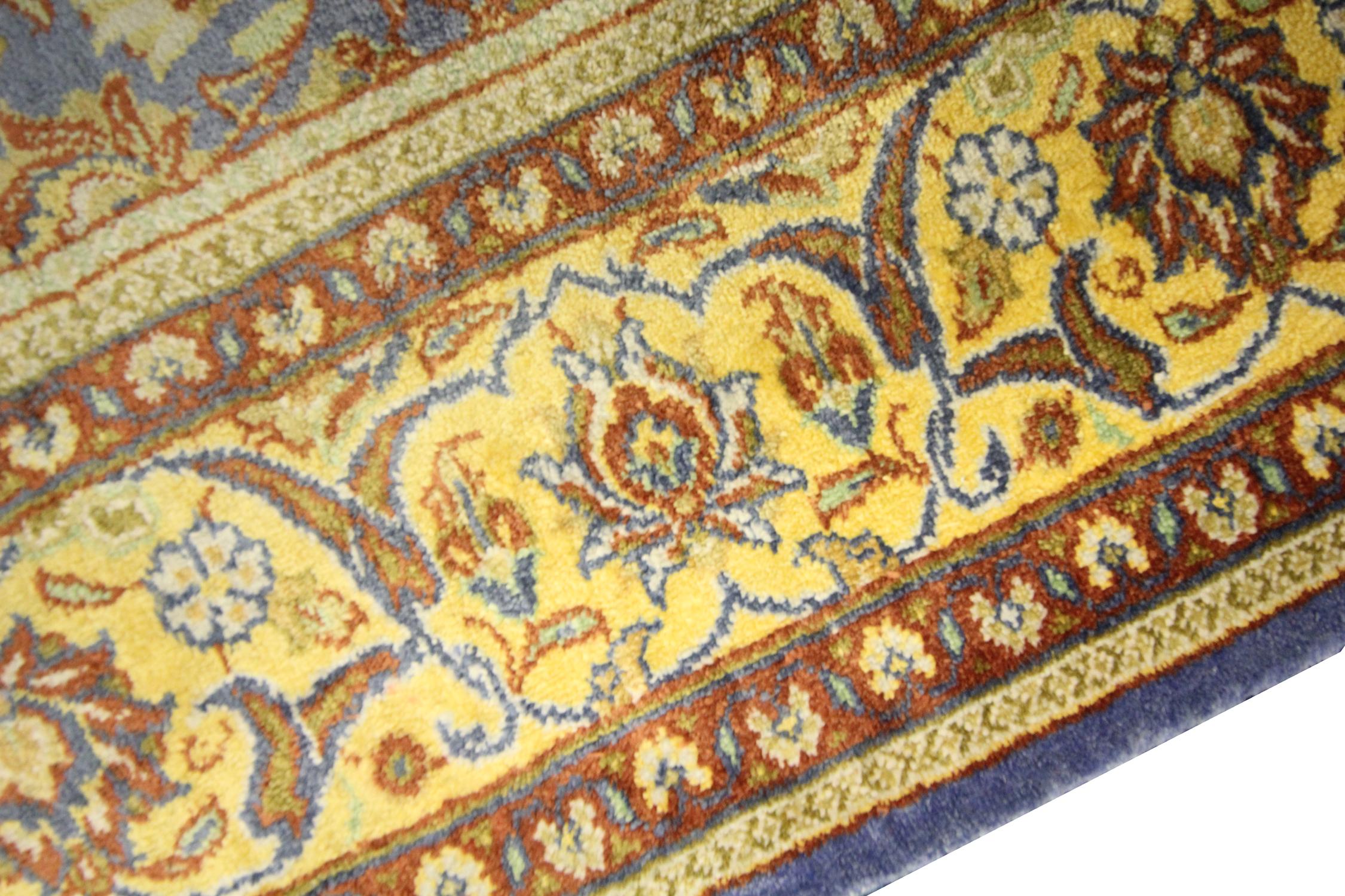 Turkish Pure Silk Rug, Handwoven Oriental Indigo Blue Carpet Rug For Sale 2