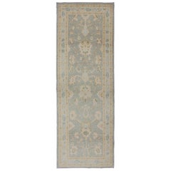 Turkish Reproduction Oushak Runner with Blue and Neutral Color Palette