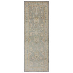 Turkish Reproduction Oushak Runner with Blue and Neutral Color Palette 