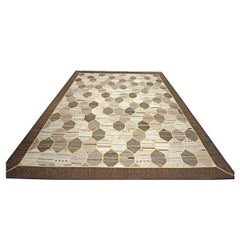 Turkish Retro Kilim Flatweave Wool 10x14 Ivory, Grey & Brown Handmade Area Rug