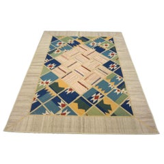 Turkish Retro Kilim Flatweave Wool 5x7 Ivory, Blue & Green Handmade Area Rug
