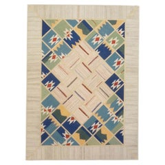 Turkish Retro Kilim Flatweave Wool 5x7 Ivory, Blue & Green Handmade Area Rug