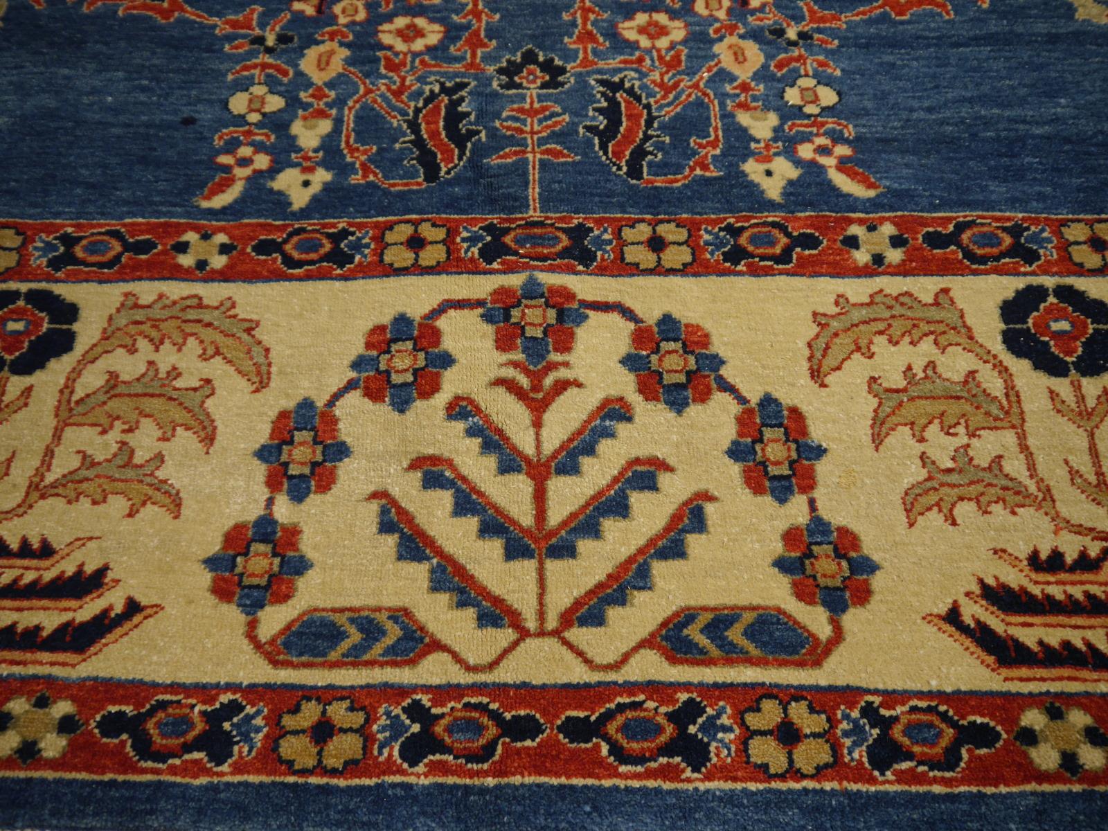 Hand-Knotted Turkish Rug Azeri hand-knotted Oushak wool in blue and beige excellent quality For Sale