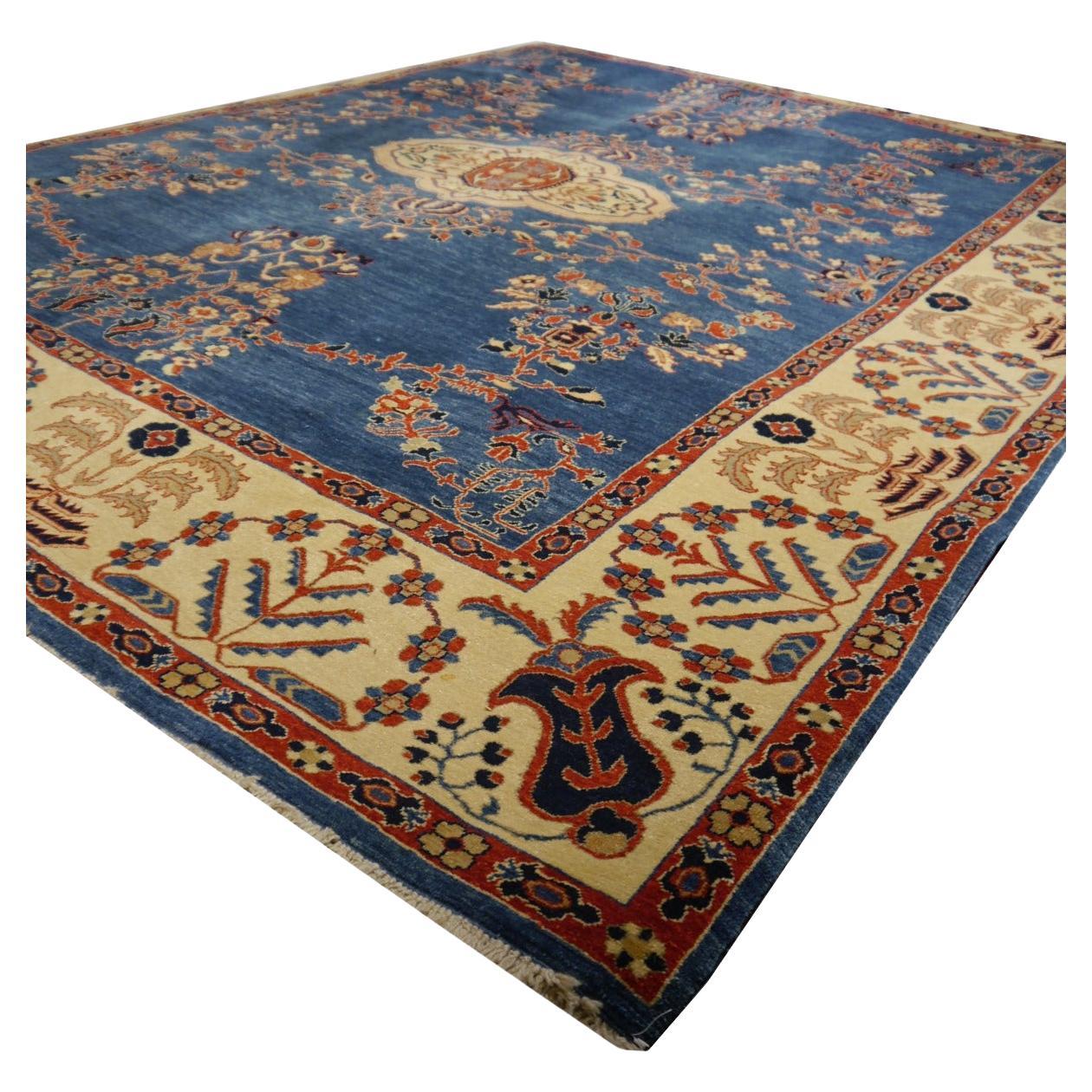 Turkish Rug Azeri hand-knotted Oushak wool in blue and beige excellent quality For Sale