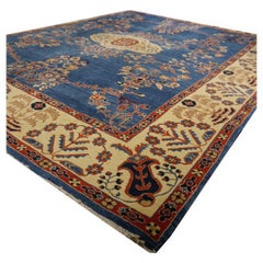 Türkischer Teppich Azeri, handgeknüpft aus Oushak-Wolle in Blau und Beige, ausgezeichnete Qualität