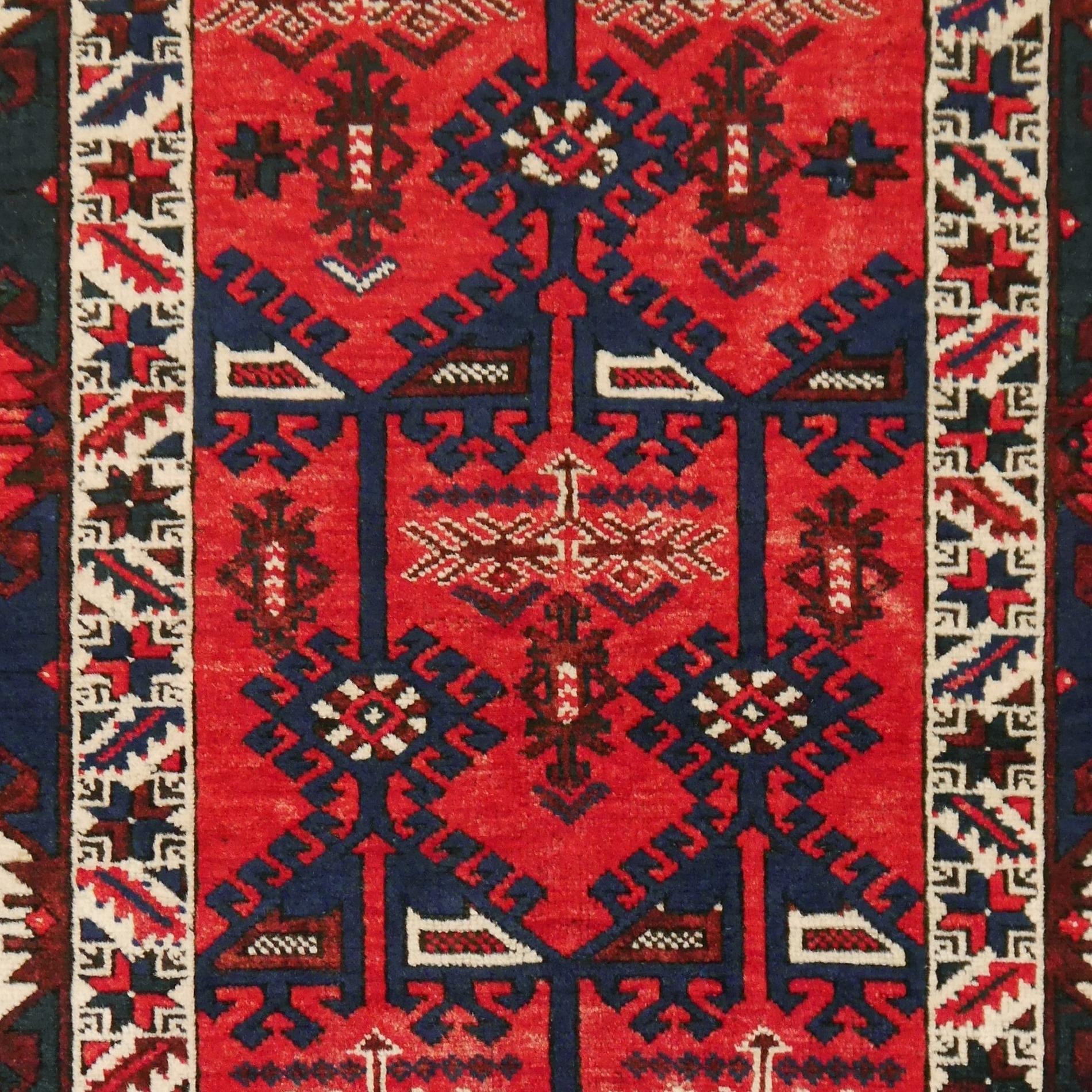 Wool Turkish Rug Hand Knotted Semi Antique Dosemealti Red and Blue Midcentury Carpet
