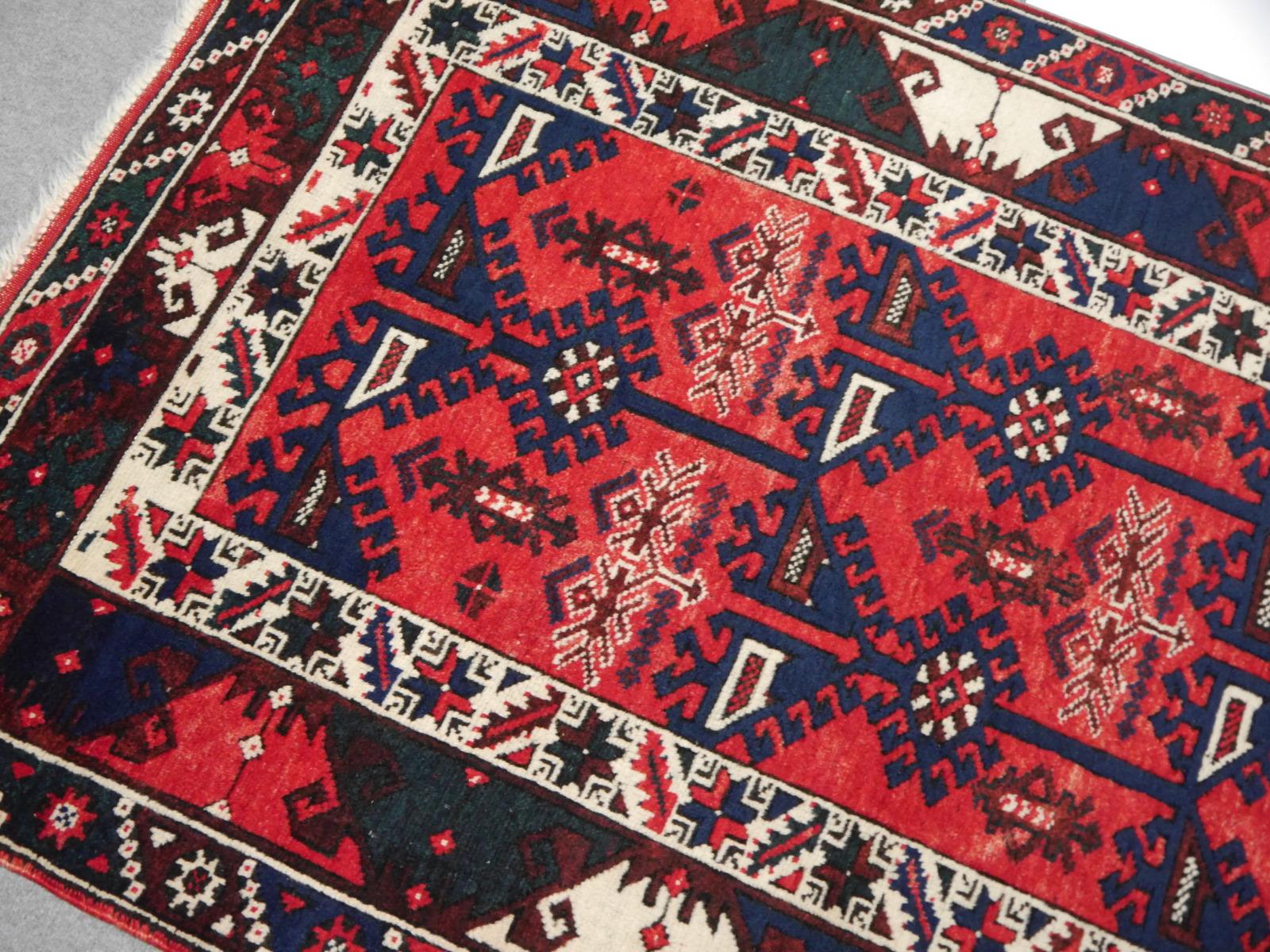 Tribal Turkish Rug Hand Knotted Semi Antique Dosemealti Red and Blue Midcentury Carpet