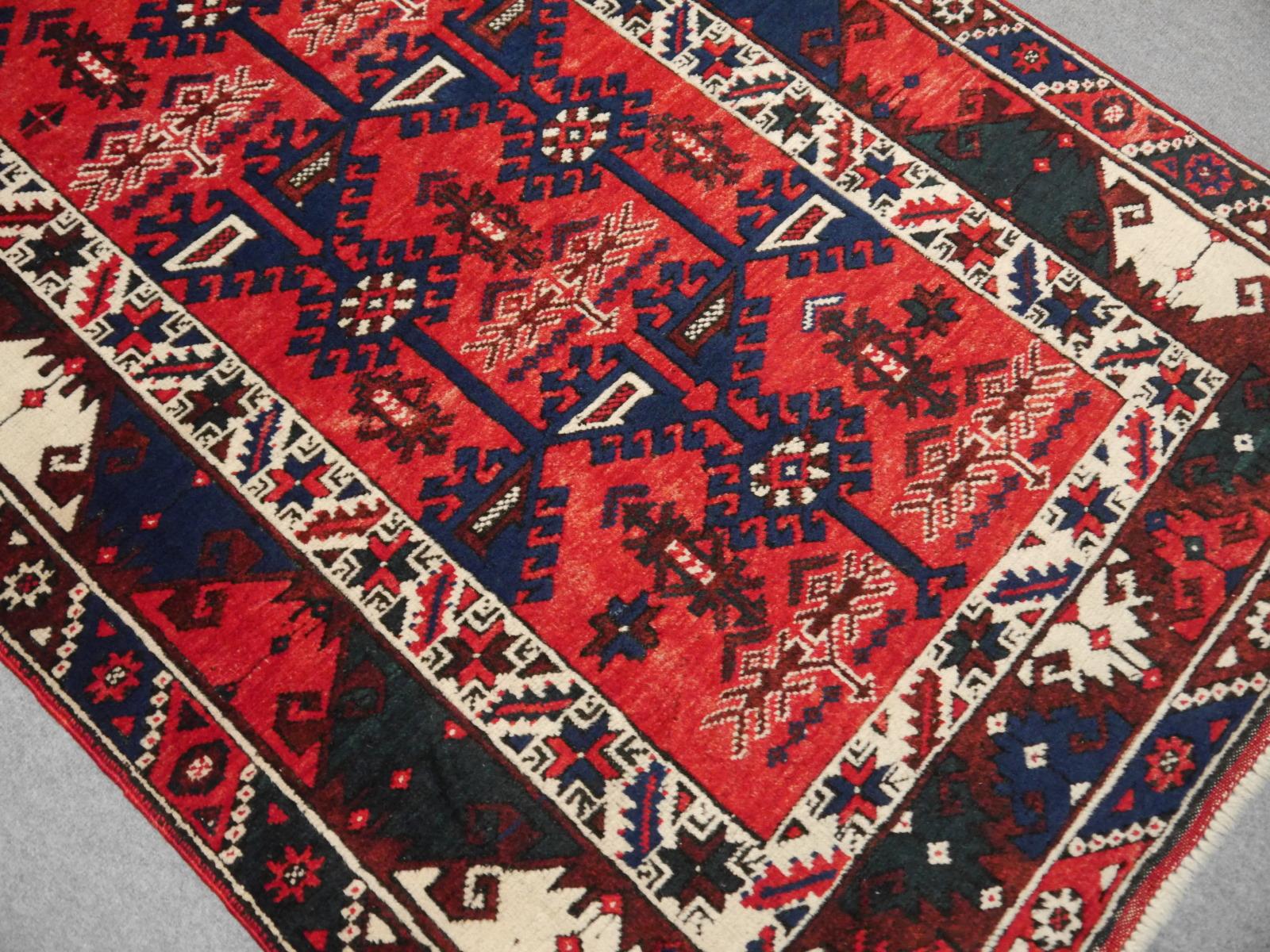 Hand-Knotted Turkish Rug Hand Knotted Semi Antique Dosemealti Red and Blue Midcentury Carpet