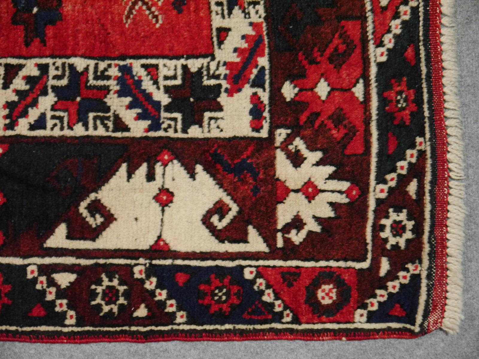 Turkish Rug Hand Knotted Semi Antique Dosemealti Red and Blue Midcentury Carpet In Excellent Condition In Lohr, Bavaria, DE